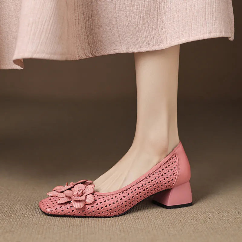 Women's light brown leather hollow weave pumps with an oversleeve design and a mid-height heel.