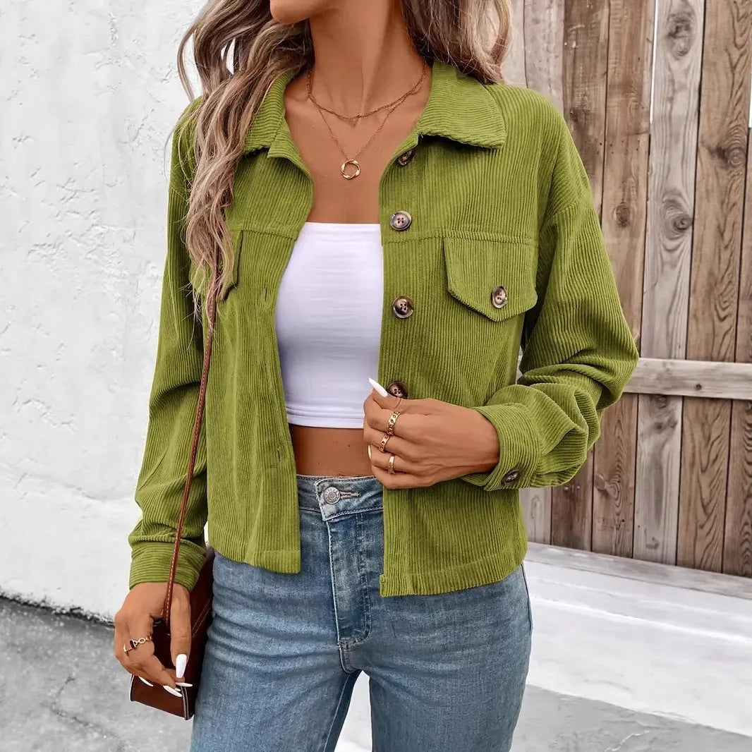 Women's loose-fit retro artistic shirt coat in polyester, shown in one of six available colours.