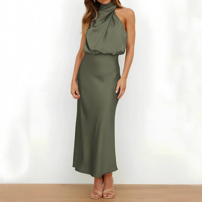 Sleeveless polyester dress in navy blue, 125.8cm length size L, bust 103cm for women's evening parties