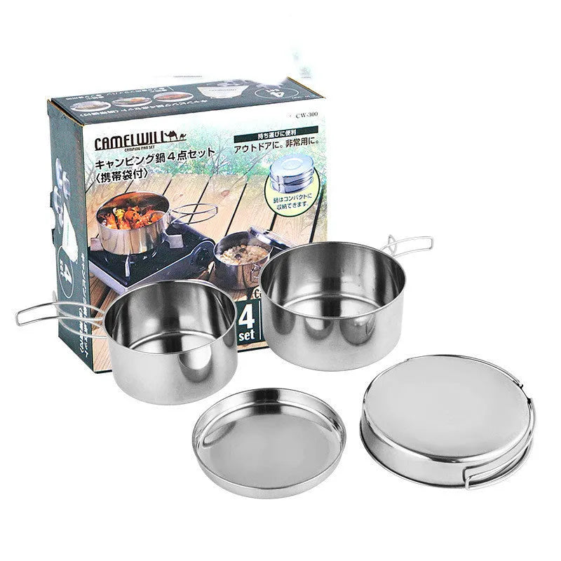 Silver stainless steel camping cookware pot set with 4 pieces including pot and pan for outdoor cooking