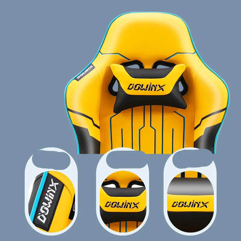Dowinx LS-6010 gaming chair in black, grey, or yellow with 4D adjustable armrests and leather upholstery