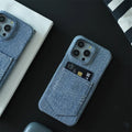 Denim card insert oil edge TPU phone case with magnetic suction for Apple iPhone models, back view showing card slot and rhinestone decoration.
