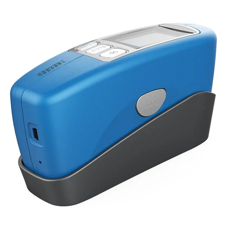 Ceramic and stone portable glossiness tester device showing measurement angles and microporous aperture options.
