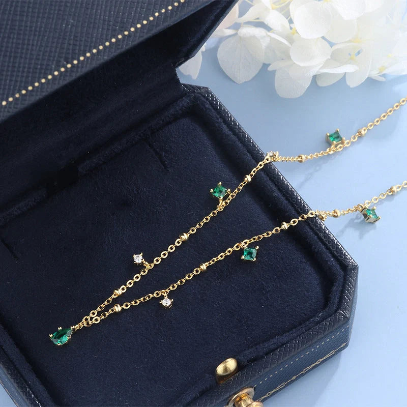 Generous water drop emerald zircon necklace with sterling silver chain, Korean style jewelry