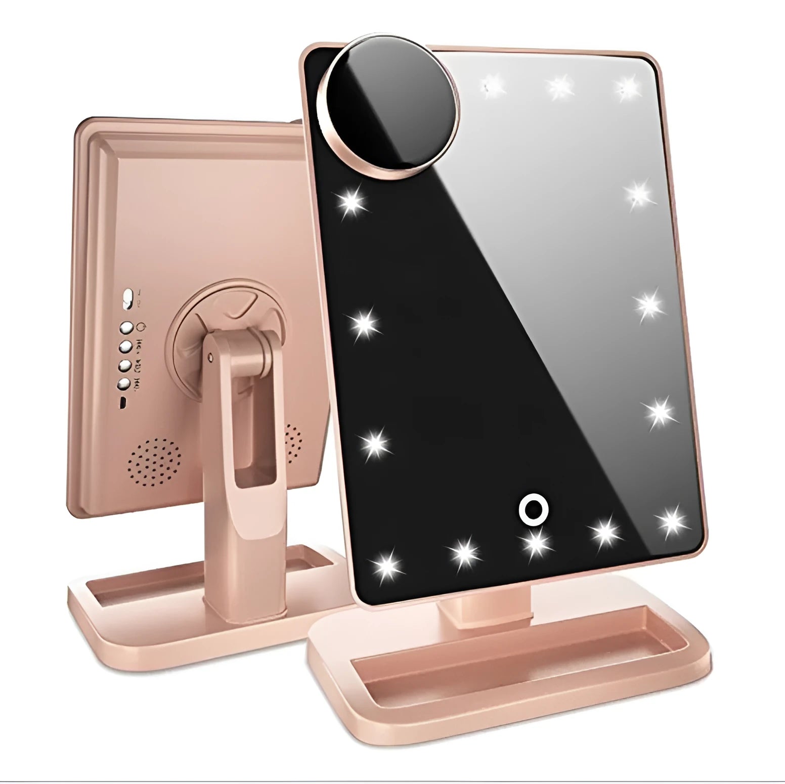 Pink and white touch screen LED makeup mirror with Bluetooth speaker and magnifying glass on a table.