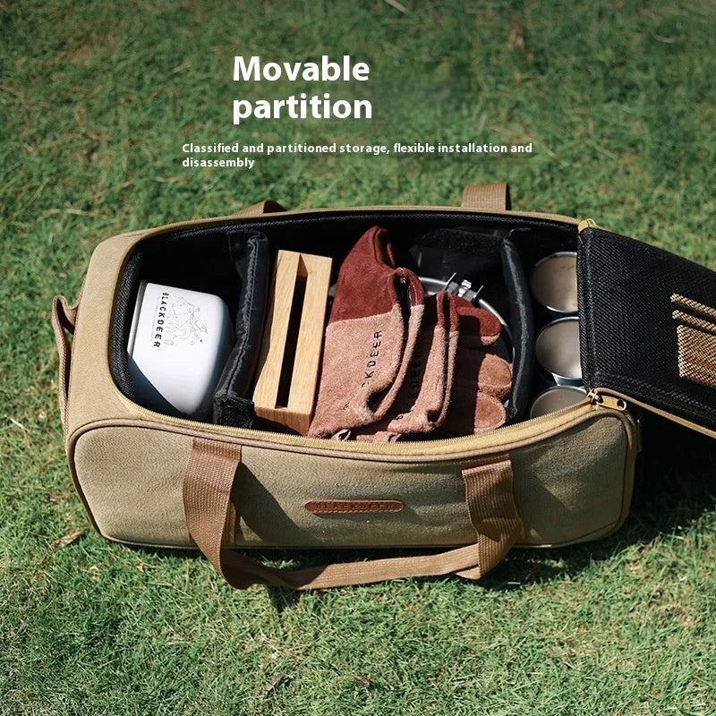 Outdoor camping cookware storage bag with split compartments for stove equipment and gas tank