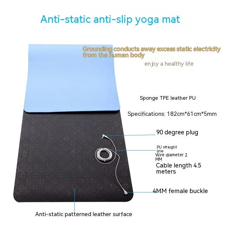 Blue conductive yoga mat with plants pattern, 182cm long, showing integrated grounding wire on non-slip PU surface.