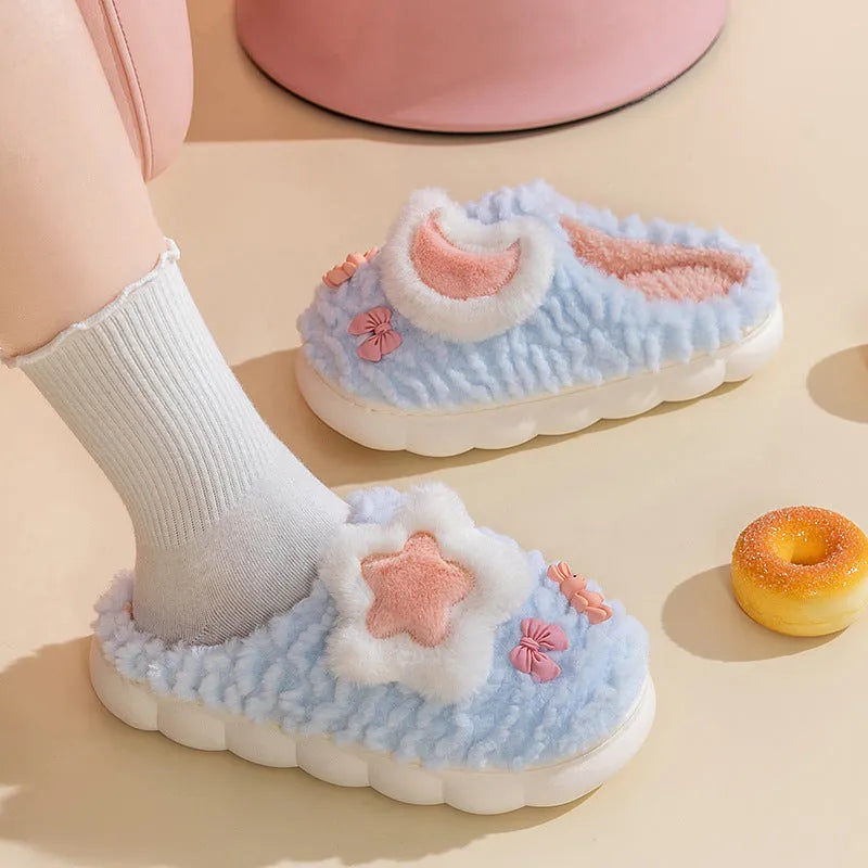 Women's light blue cartoon animal fleece-lined slippers with floral pattern and PVC sole