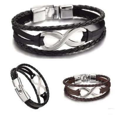 Lucky figure 8 leather bracelet in geometric design available in black, brown, and black with accessories