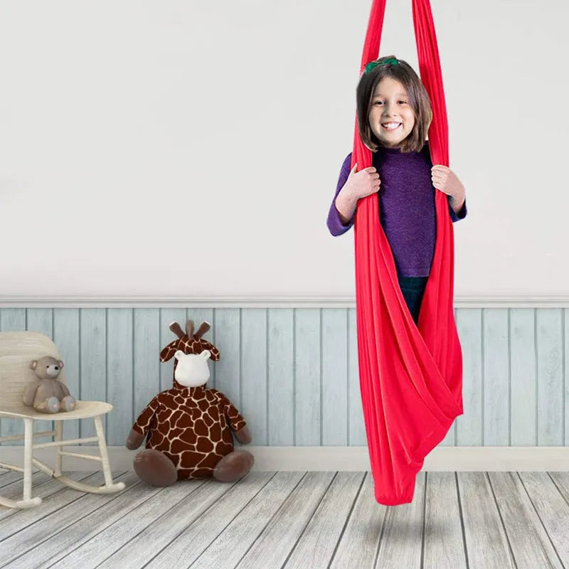Kids elastic swing hammock in nylon, 100x280cm, with steel lock for indoor outdoor sensory therapy
