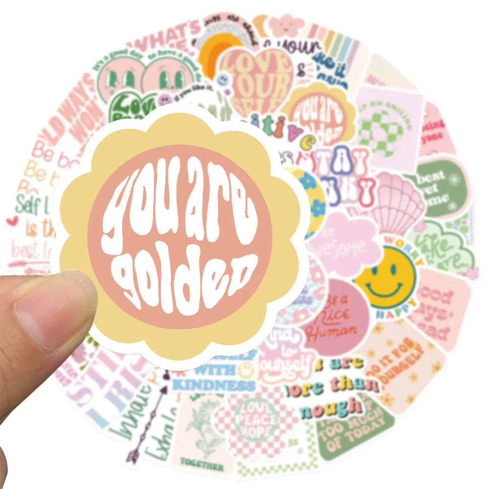 Danish pink motivational stickers with graffiti cartoon designs, size 4-6cm, pack of 50.