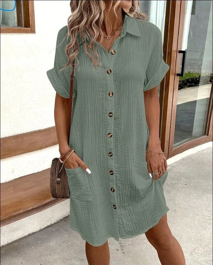 Summer short sleeve shirt dress in various colours, showcasing loose fit and mid-length design