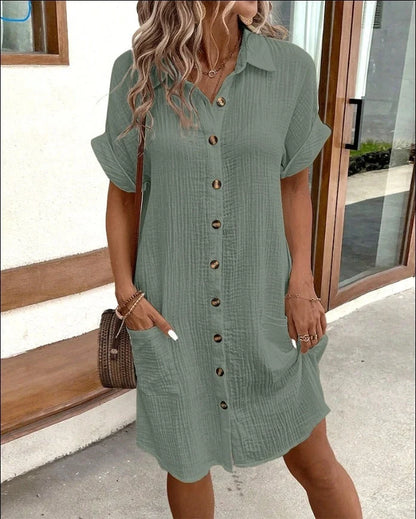 Summer short sleeve shirt dress in various colours, showcasing loose fit and mid-length design