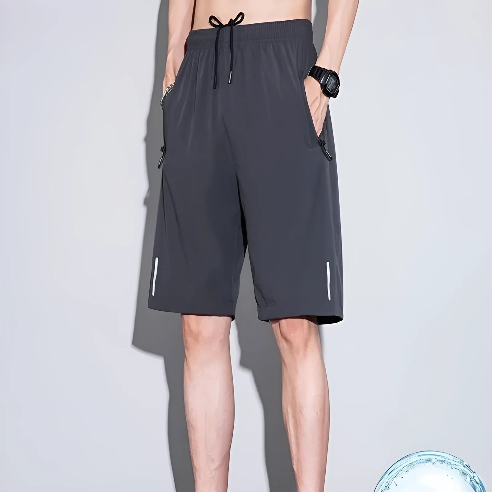 Men's quick-dry ice silk polyester running shorts, lightweight straight-leg fitness shorts in black, dark blue, and light gray