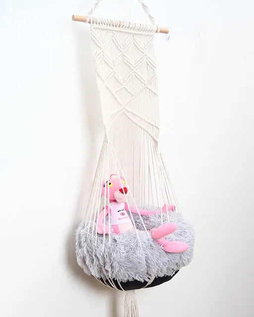 Handmade macrame pet swing cage cotton bed rectangular shape plain pattern European style