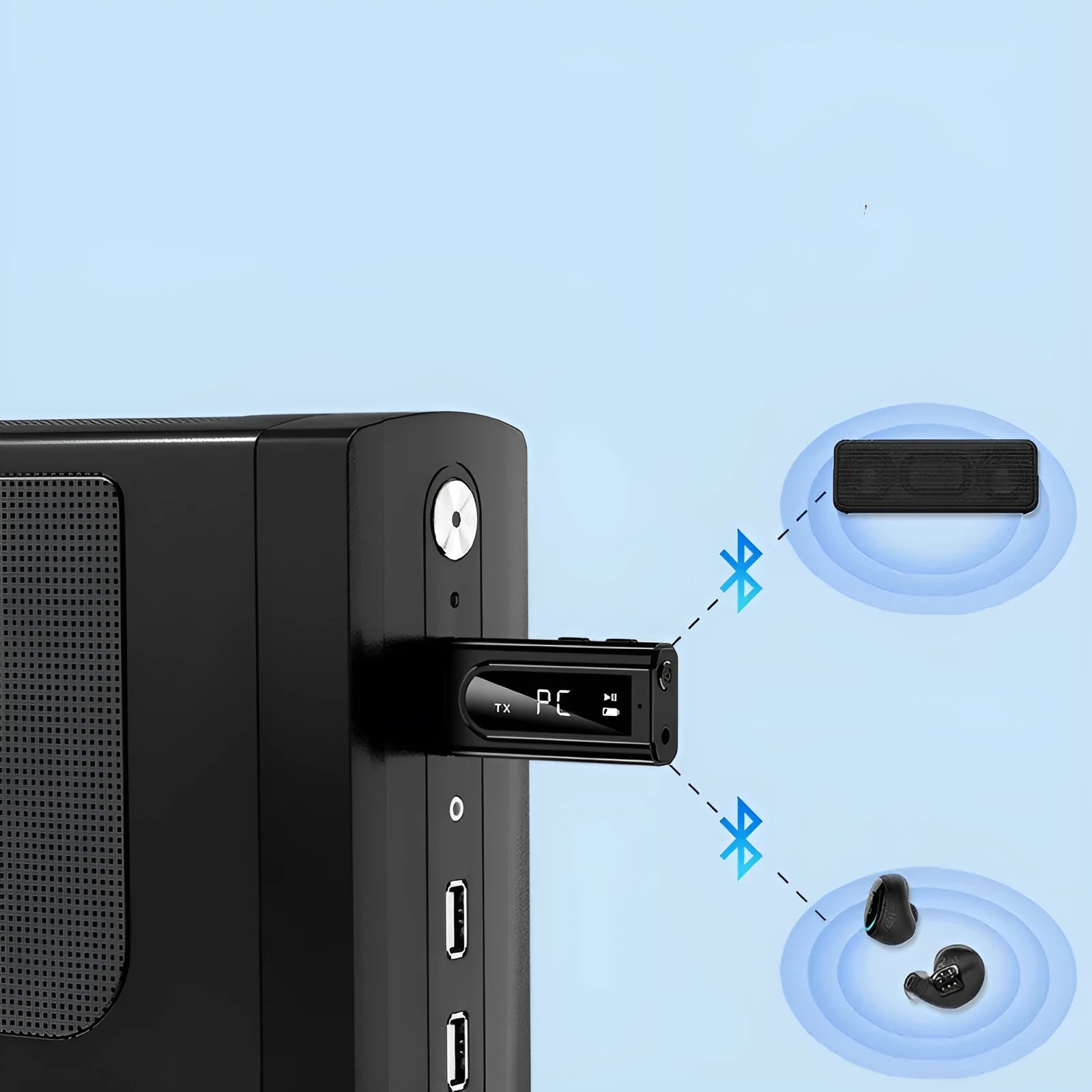 Black USB car FM Bluetooth receiver with USB and AUX ports for wireless music streaming.