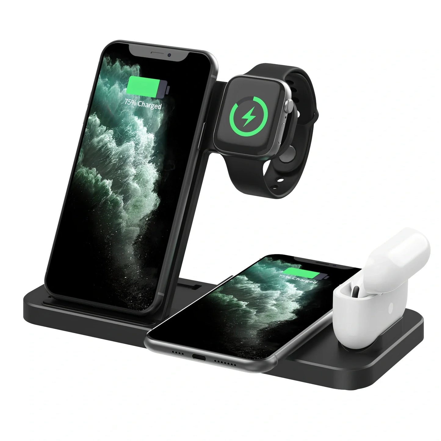 Black three-device wireless charger with phone and watch charging on non-slip base