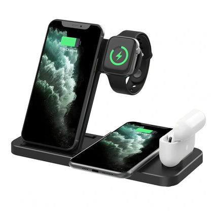 Black three-device wireless charger with phone and watch charging on non-slip base