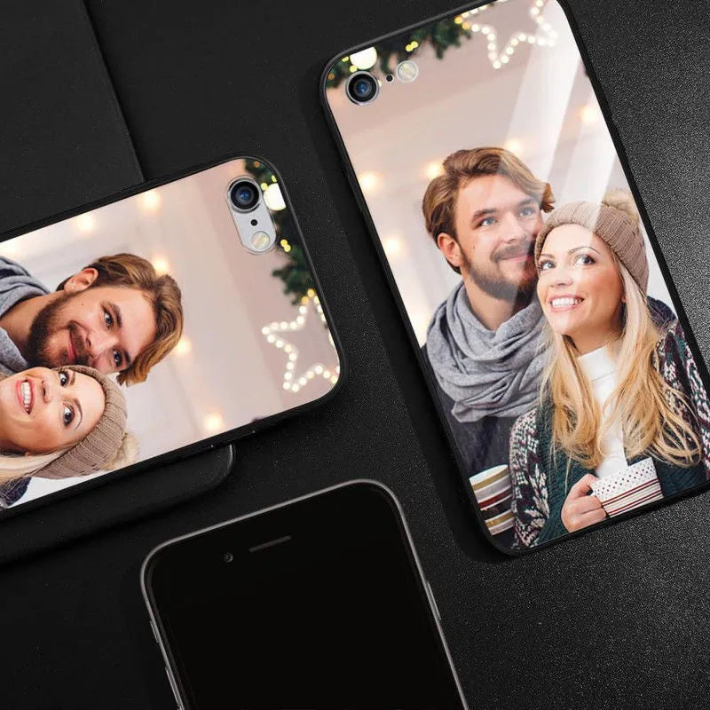 Custom patterned ultra-thin iPhone case with raised bumper edge, shown fitted on an iPhone.