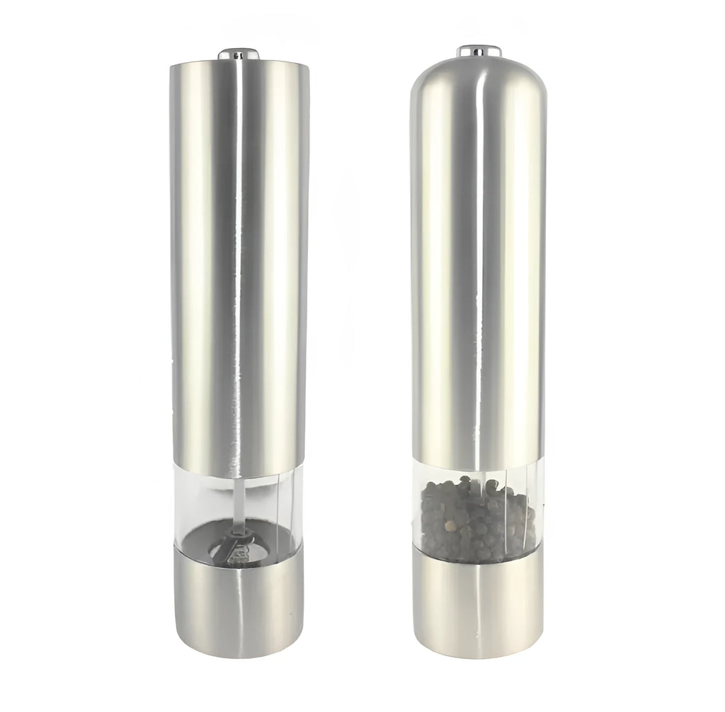 Stainless steel electric pepper grinder with natural colour finish, showing adjustable coarseness dial.