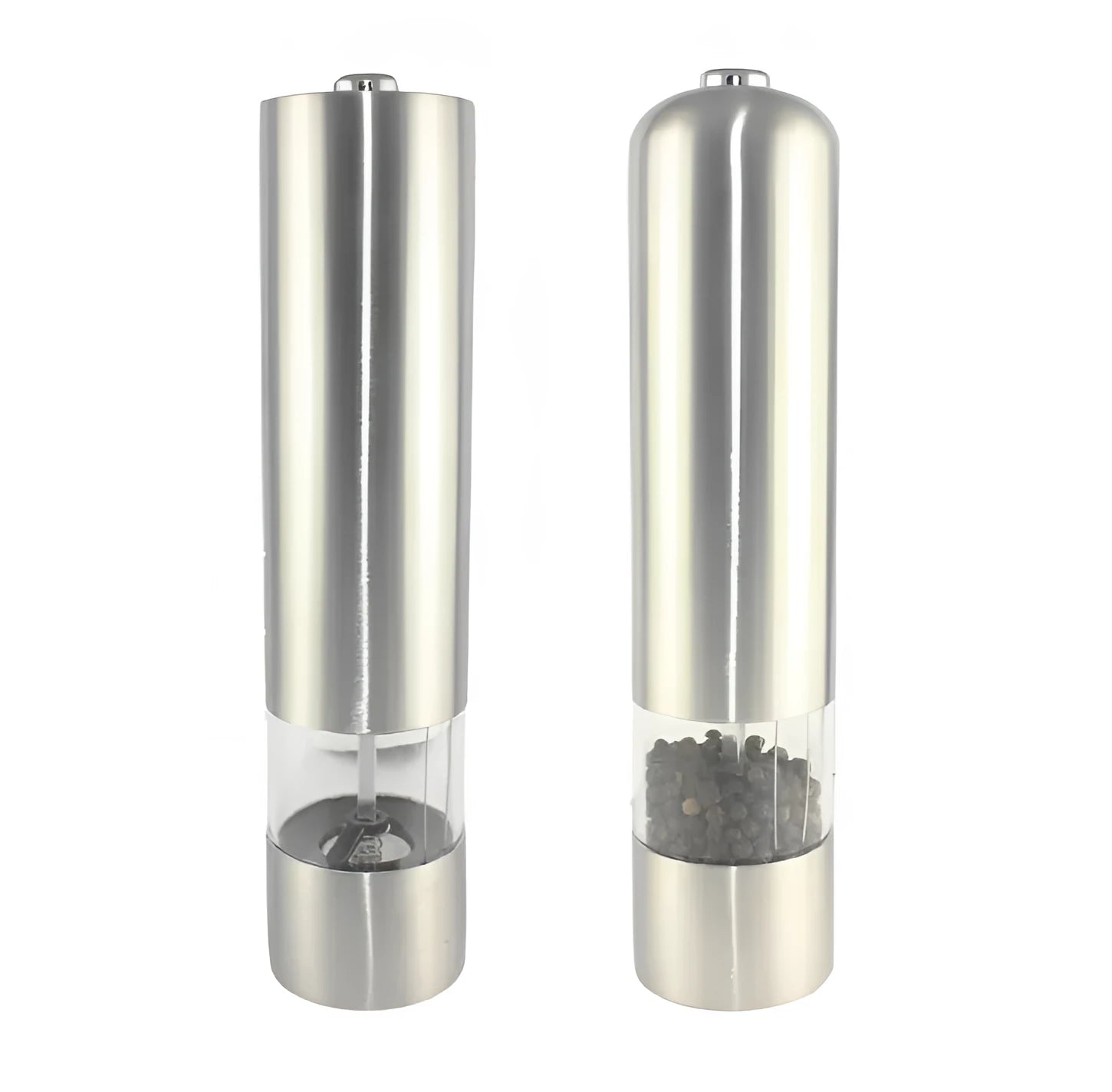 Stainless steel electric pepper grinder with natural colour finish, showing adjustable coarseness dial.