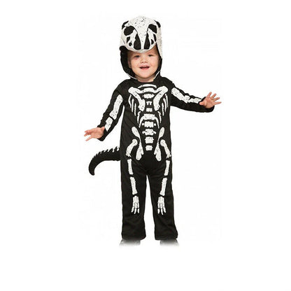 A skeletal Halloween costume for children, made with sustainable materials and featuring a realistic design.