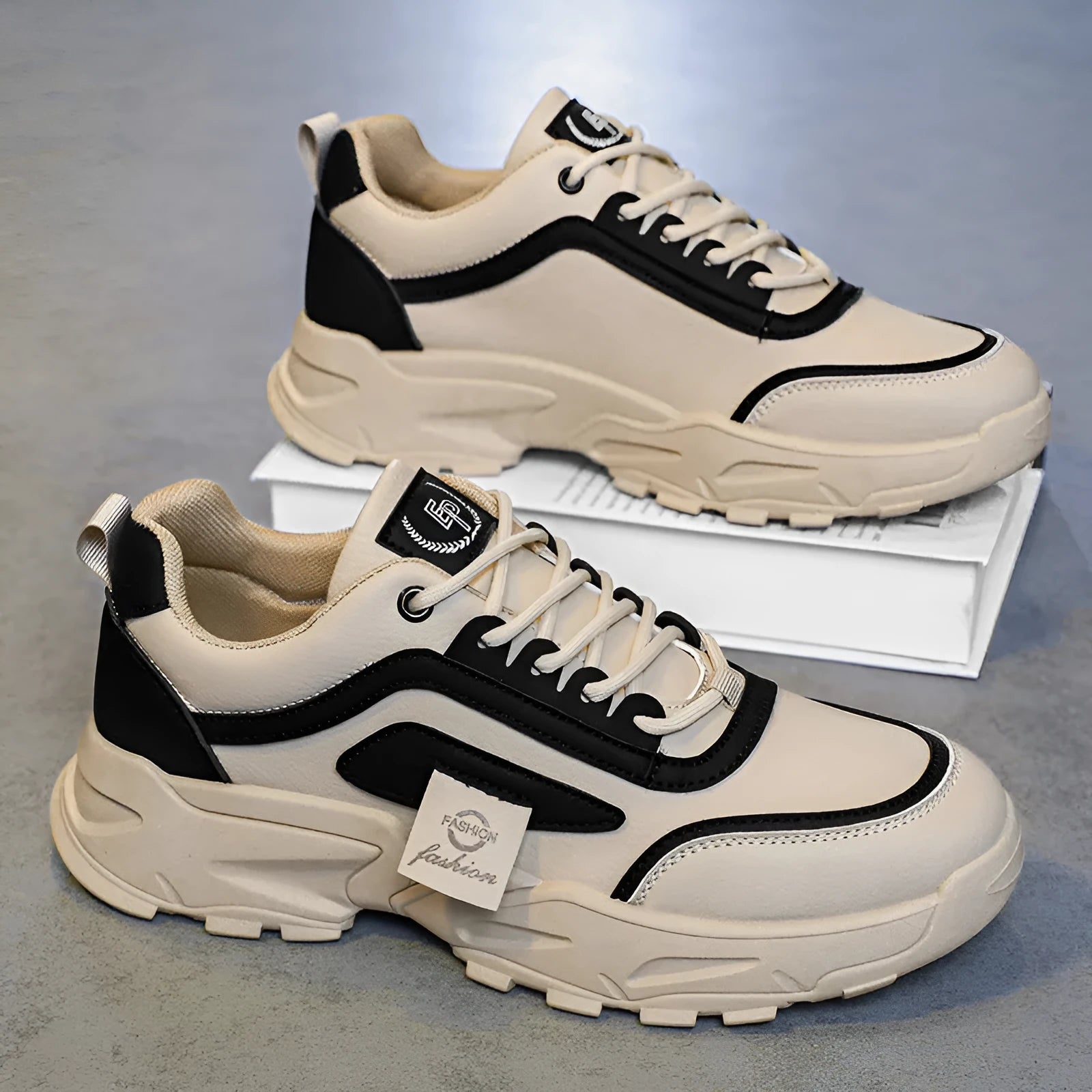 Leather waterproof outdoor sneakers in beige with low top, mesh lining, and flat heel