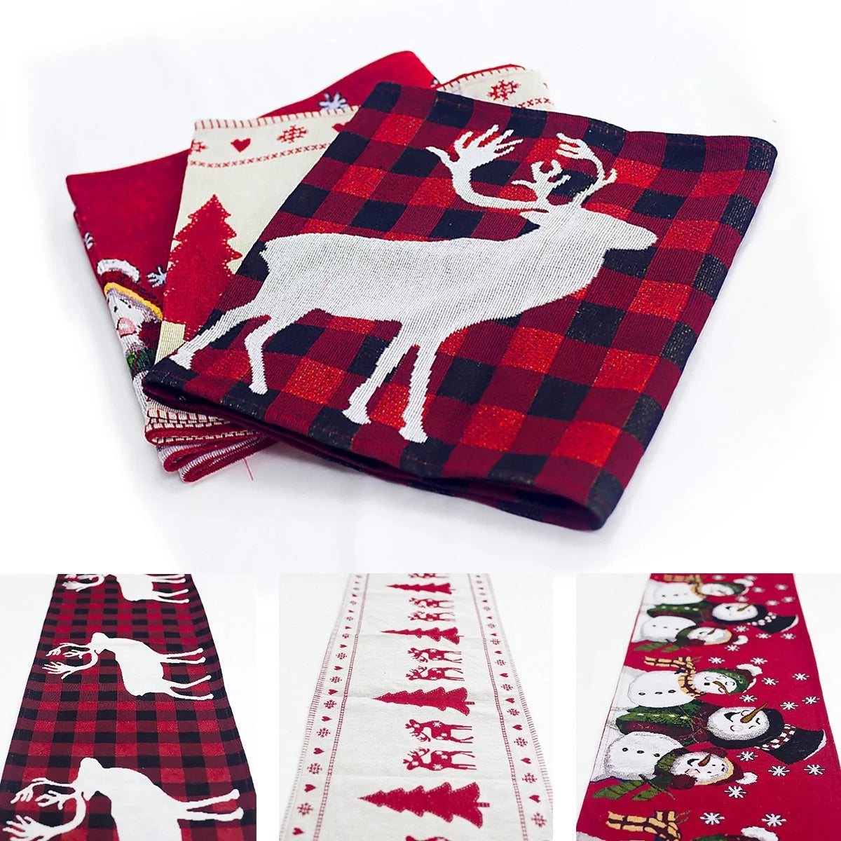 Christmas Elk Snowman Table Runner in festive colors, perfect for holiday decor