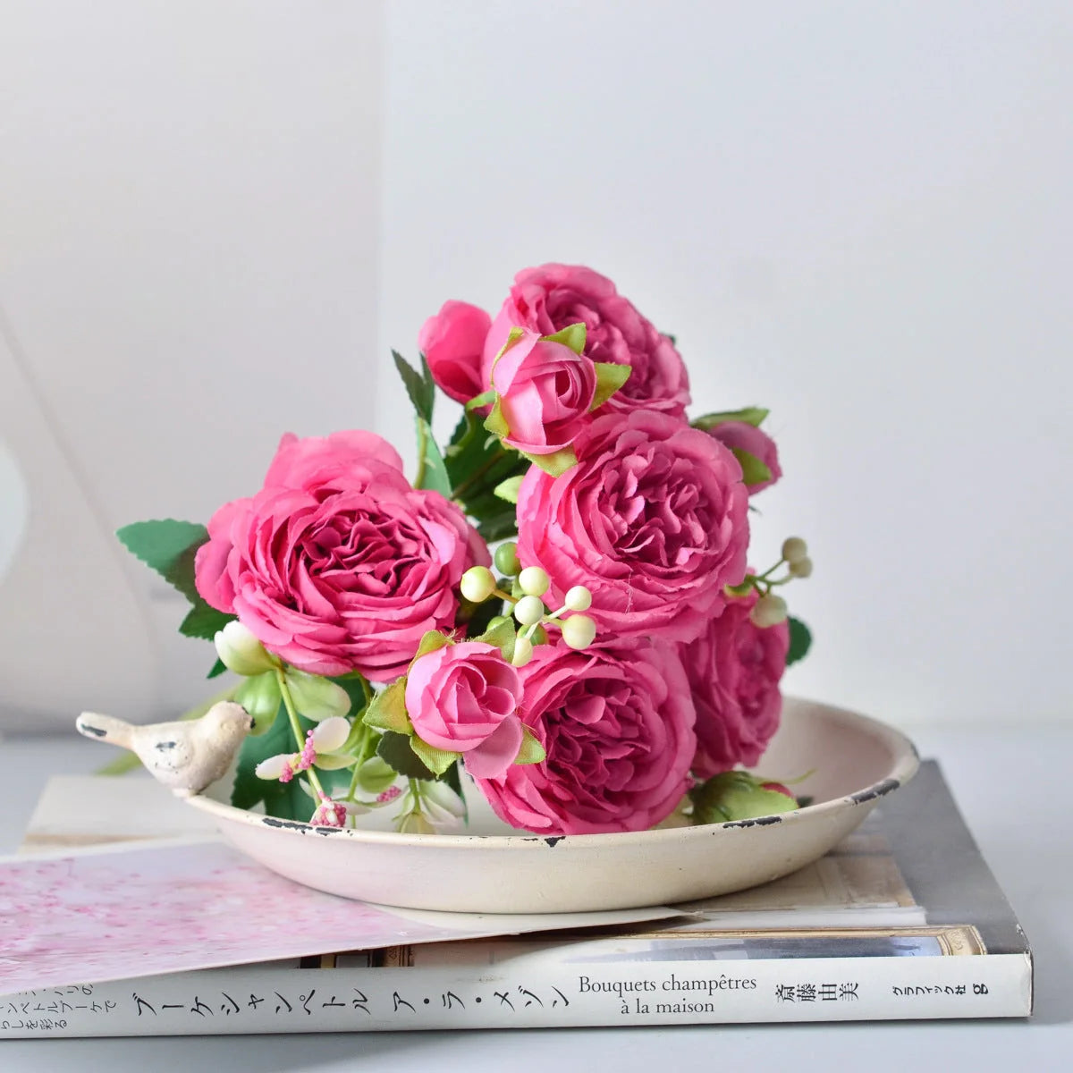 Korean silk flower bouquet with five peonies, 31cm in height, available in six colours