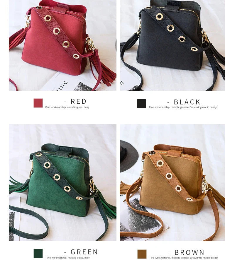 Stylish tassel bucket bag in various colors, featuring a spacious interior, adjustable strap, and premium materials for a Kiwi-inspired Korean look.