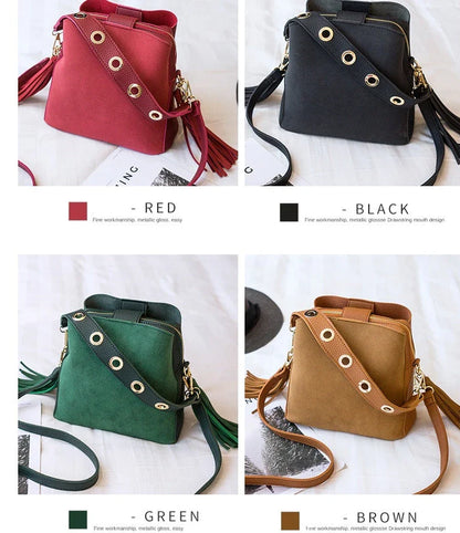 Stylish tassel bucket bag in various colors, featuring a spacious interior, adjustable strap, and premium materials for a Kiwi-inspired Korean look.
