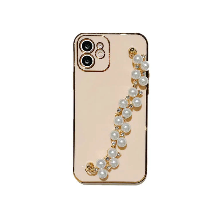 Soft TPU electroplated pearl wrist phone case for Apple iPhone in pink, showing back cover design.