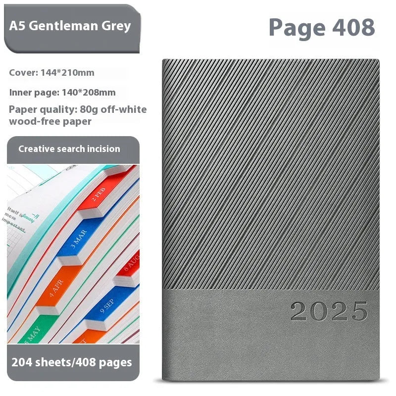 A4 business notepad with striped PU leather cover showing eight colour options including Bean Green, Black, and Sapphire Blue