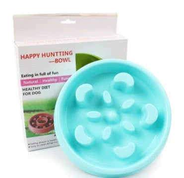 Anti-choke plastic dog bowl in pink, blue, green, and yellow