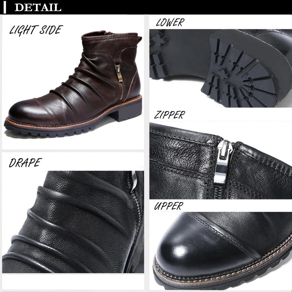 Black embossed PU Martin boots with a side zipper and a distinctive horseshoe heel.