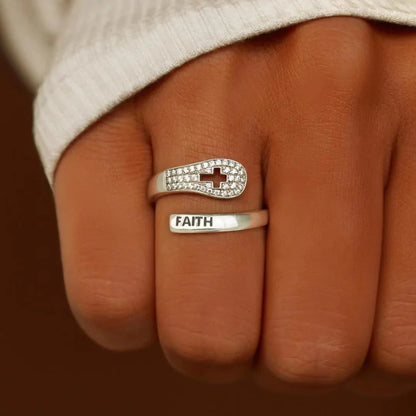 S925 Sterling Silver Faith Cross Zircon Ring in platinum color, showcasing Korean style elegance and faith symbolism.