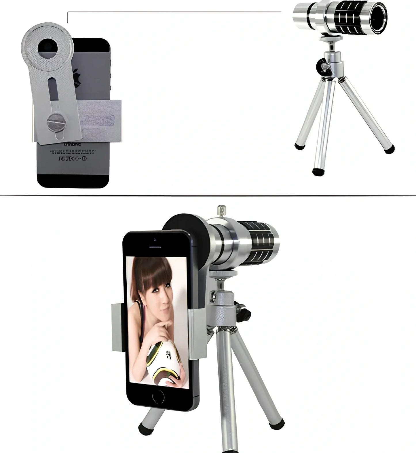 12x mobile telescope with aluminum phone clip attached to smartphone on extended tripod