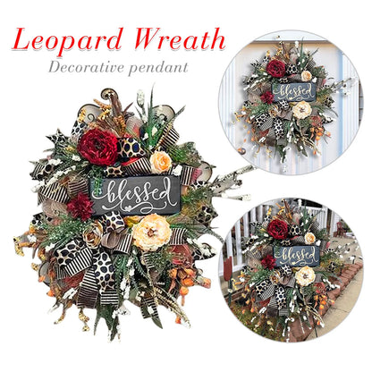 Cheetah print seasonal wreath with flowers and bow, 40cm diameter