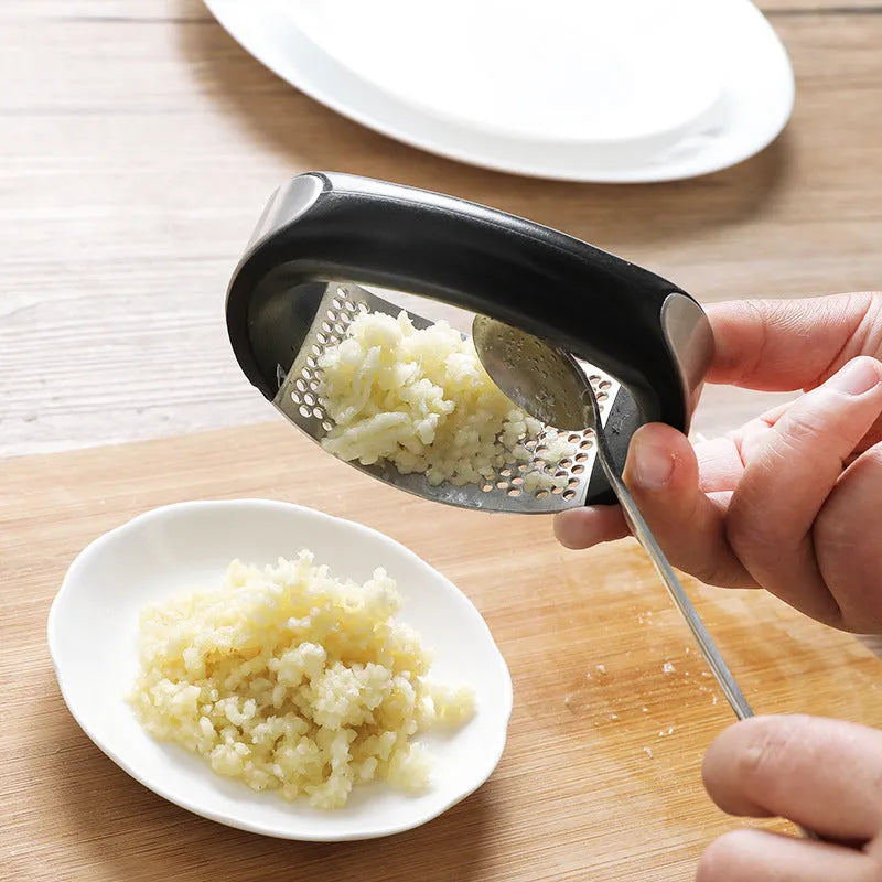 Silver 304 stainless steel garlic press with ergonomic ABS handle on a kitchen counter