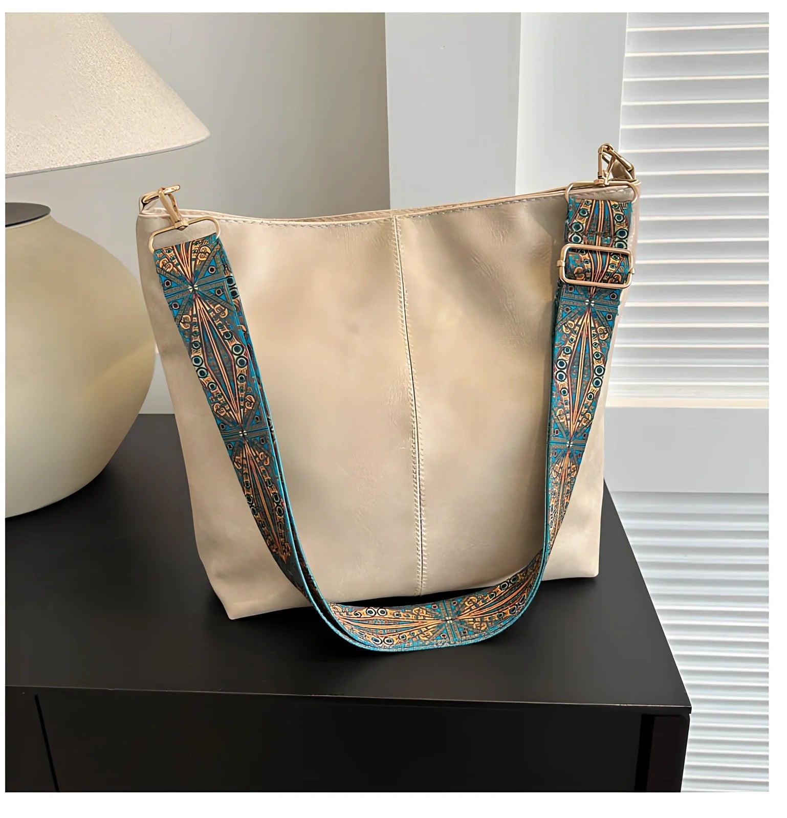 Women's army green PU bucket crossbody bag with wide ethnic strap, 30cm height, large capacity for phone and laptop