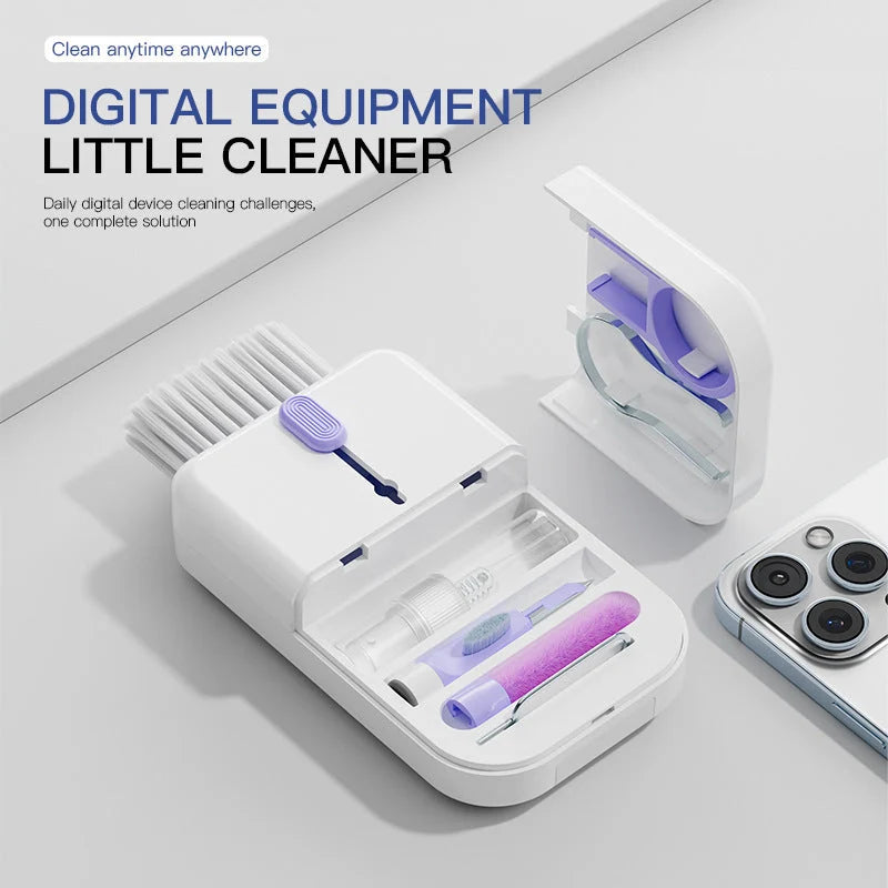Portable 11-in-1 multifunctional cleaning kit with storage box in white, purple, orange, and blue