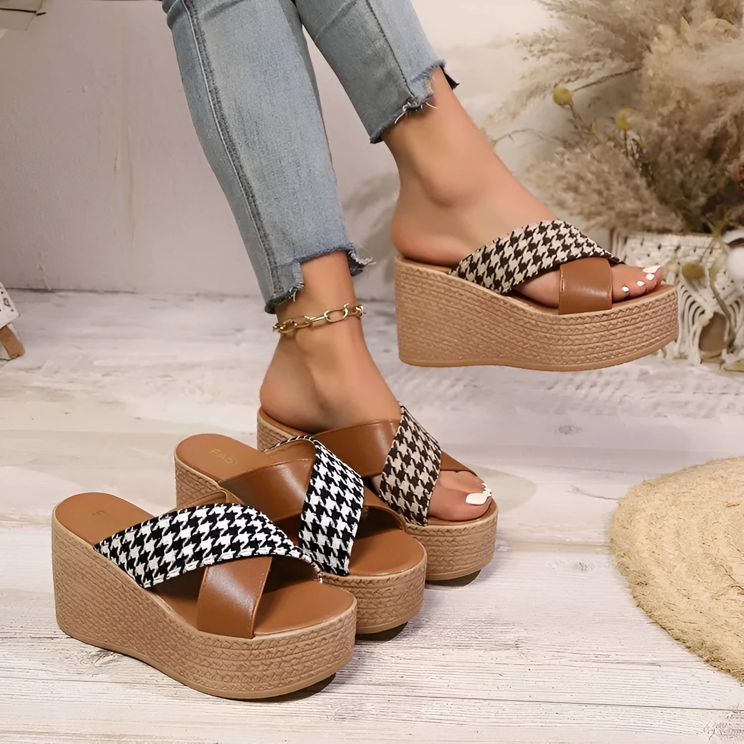 Women's brown leopard and plaid pattern casual wedge sandals with a rubber sole.