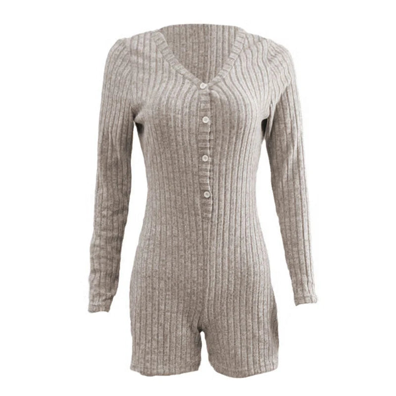 Slim fit rib-knitted jumpsuit for women in black, apricot, and light grey