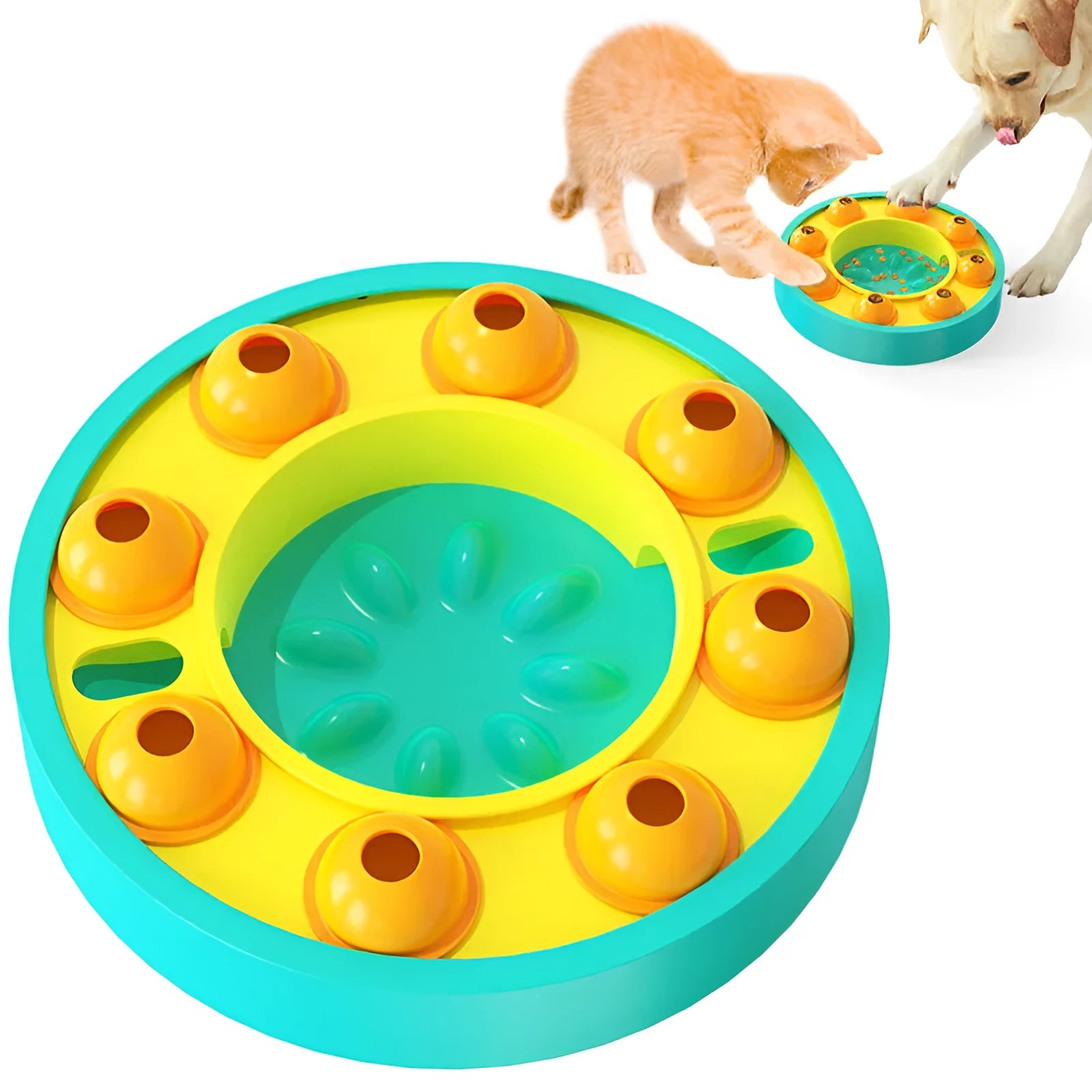 Square green dog puzzle feeder bowl with rotating turntable top and non-slip rubber base.
