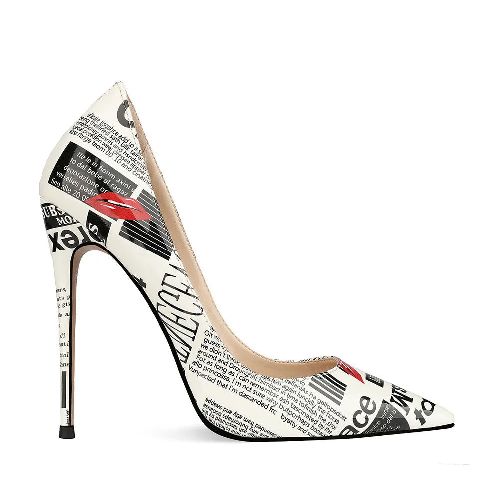 12cm graffiti fashion women's pointed toe stiletto heels with rhinestones on catwalk