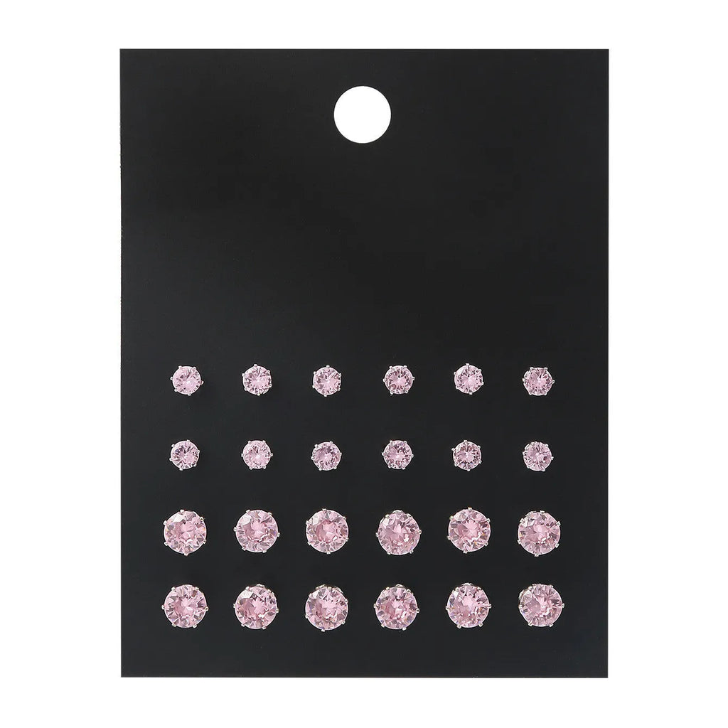 Pink round women's earrings set with 12 pairs of alloy electroplated geometric studs on display