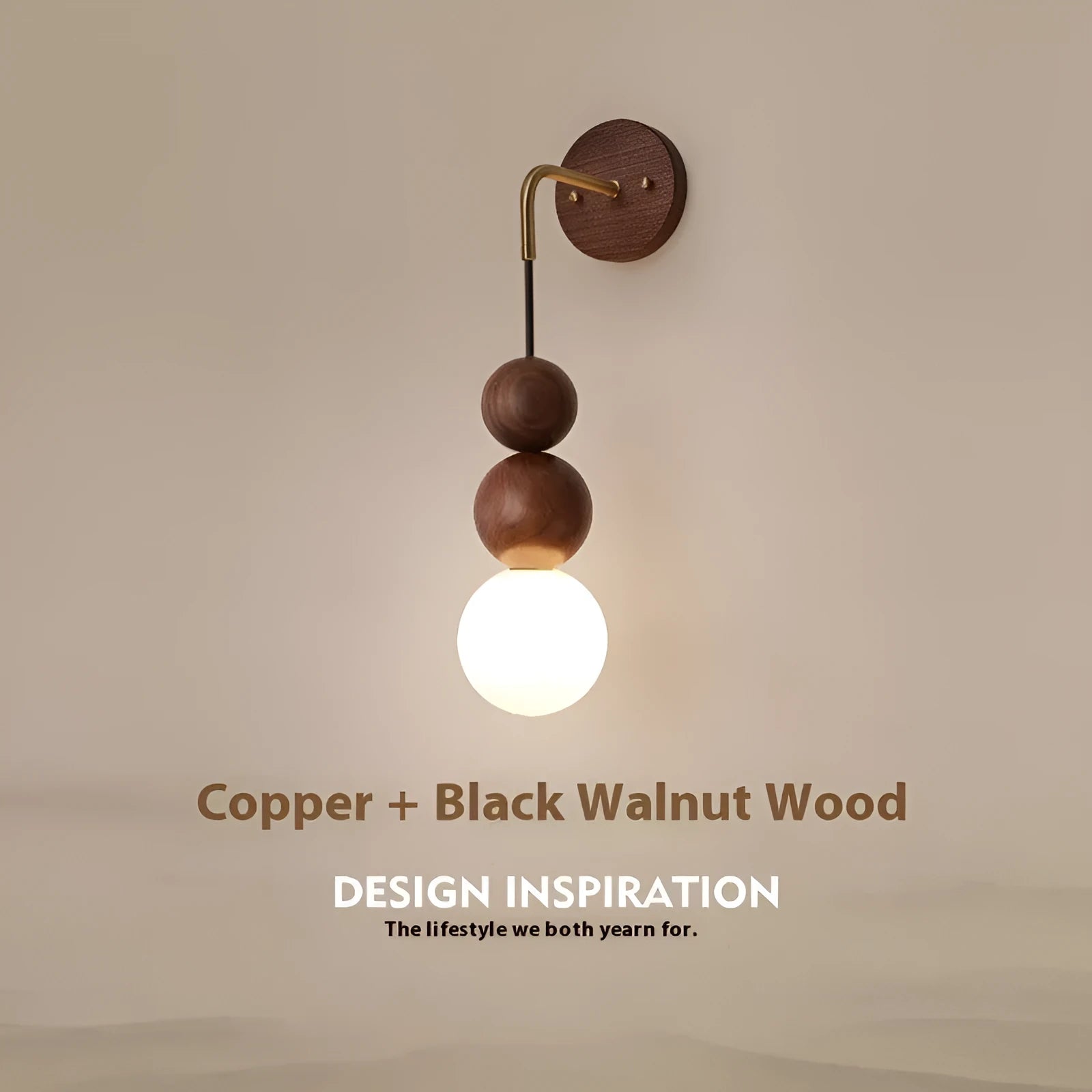 Wood and copper wall lamp with lollipop shade and tri-colour light for bedside or living room.