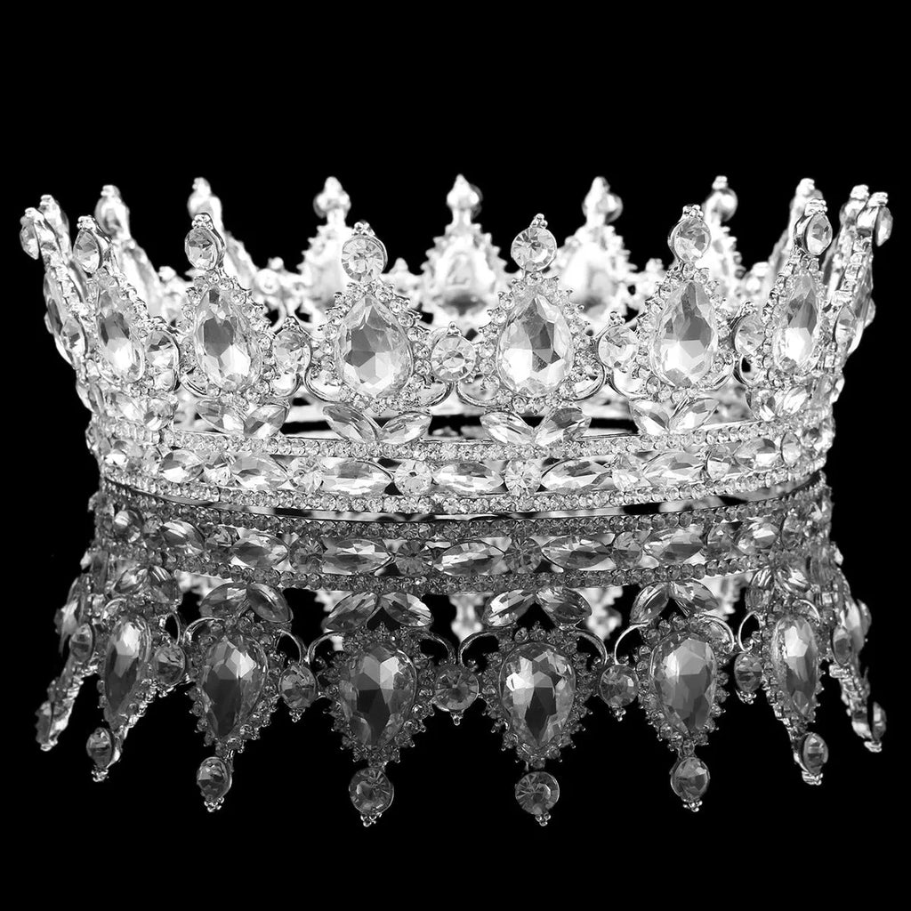 Baroque bridal crown headdress with rhinestones, alloy construction, 12.5cm diameter, gold finish