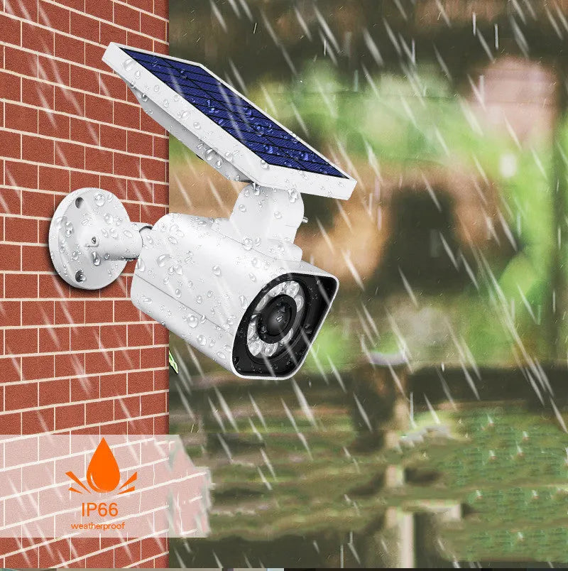 Outdoor solar simulation camera search light with aluminium alloy and ABS shell, 800 lumen LED, IP67 rating, white colour, courtyard garden placement