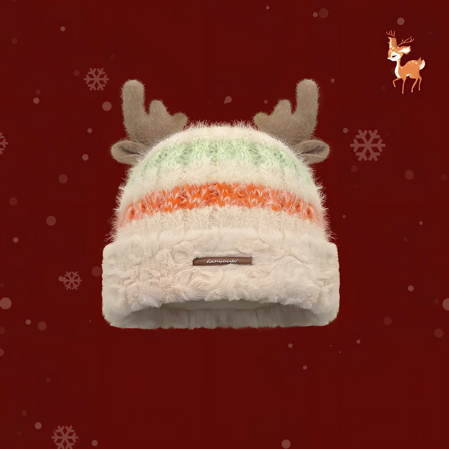 Christmas knitted beanie with deer antlers in multiple colours for winter warmth